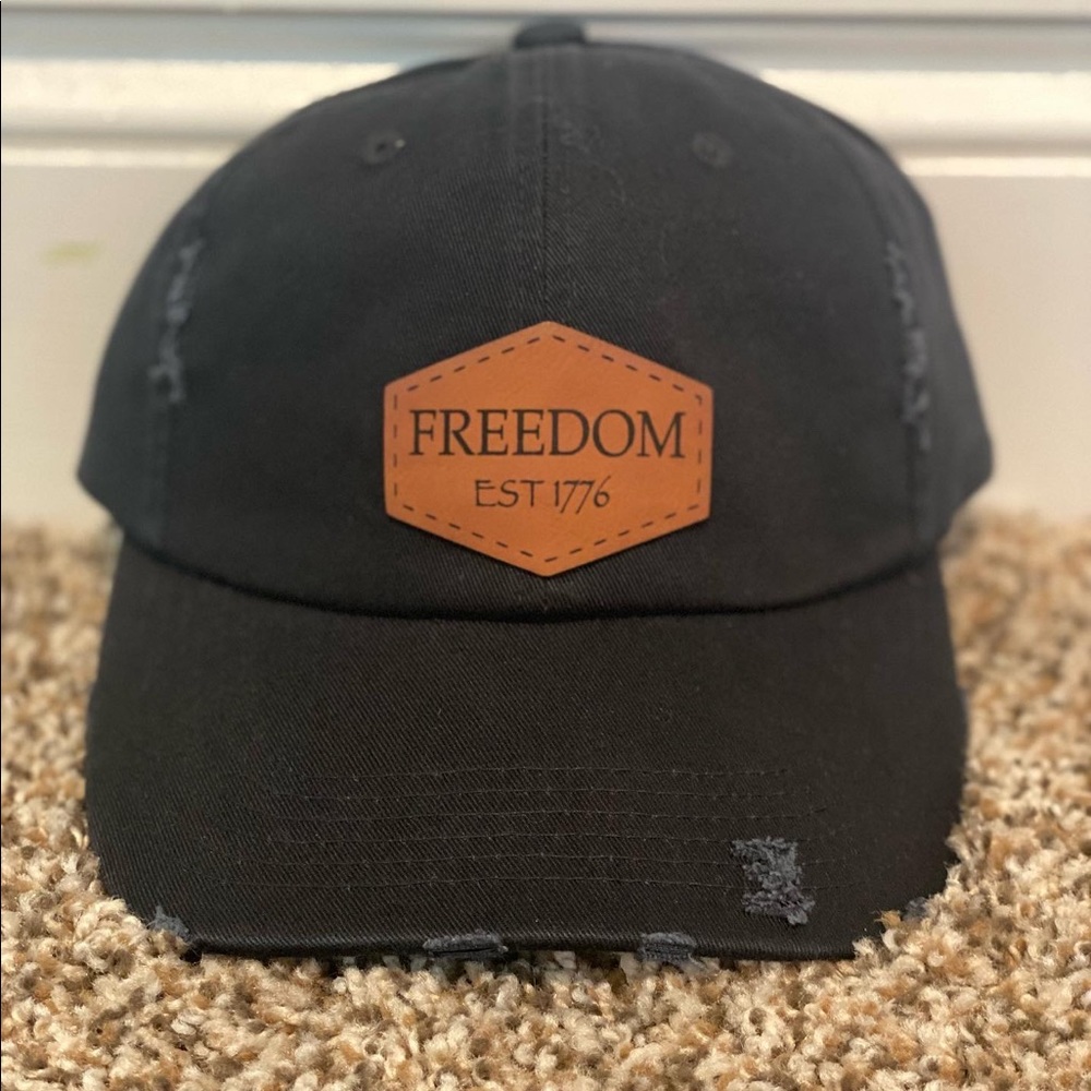 Custom women’s distressed black hat leatherette freedom patch